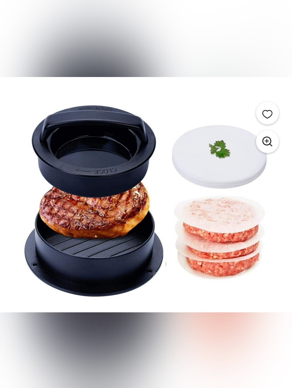 New Black Burger Press and Patty Maker with White Wax Paper Discs